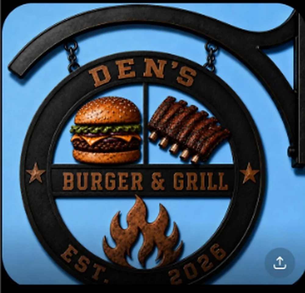 Den's Burger & Grill hanging sign